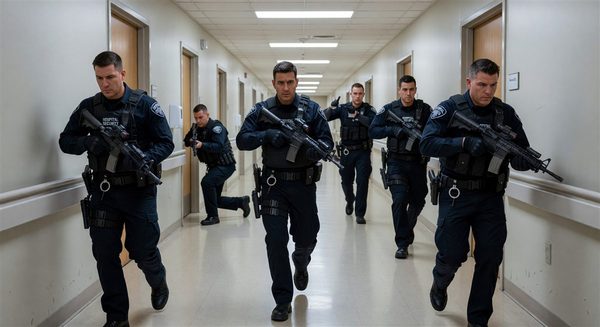 Hospital security team conducting active shooter response drill in clinical corridor