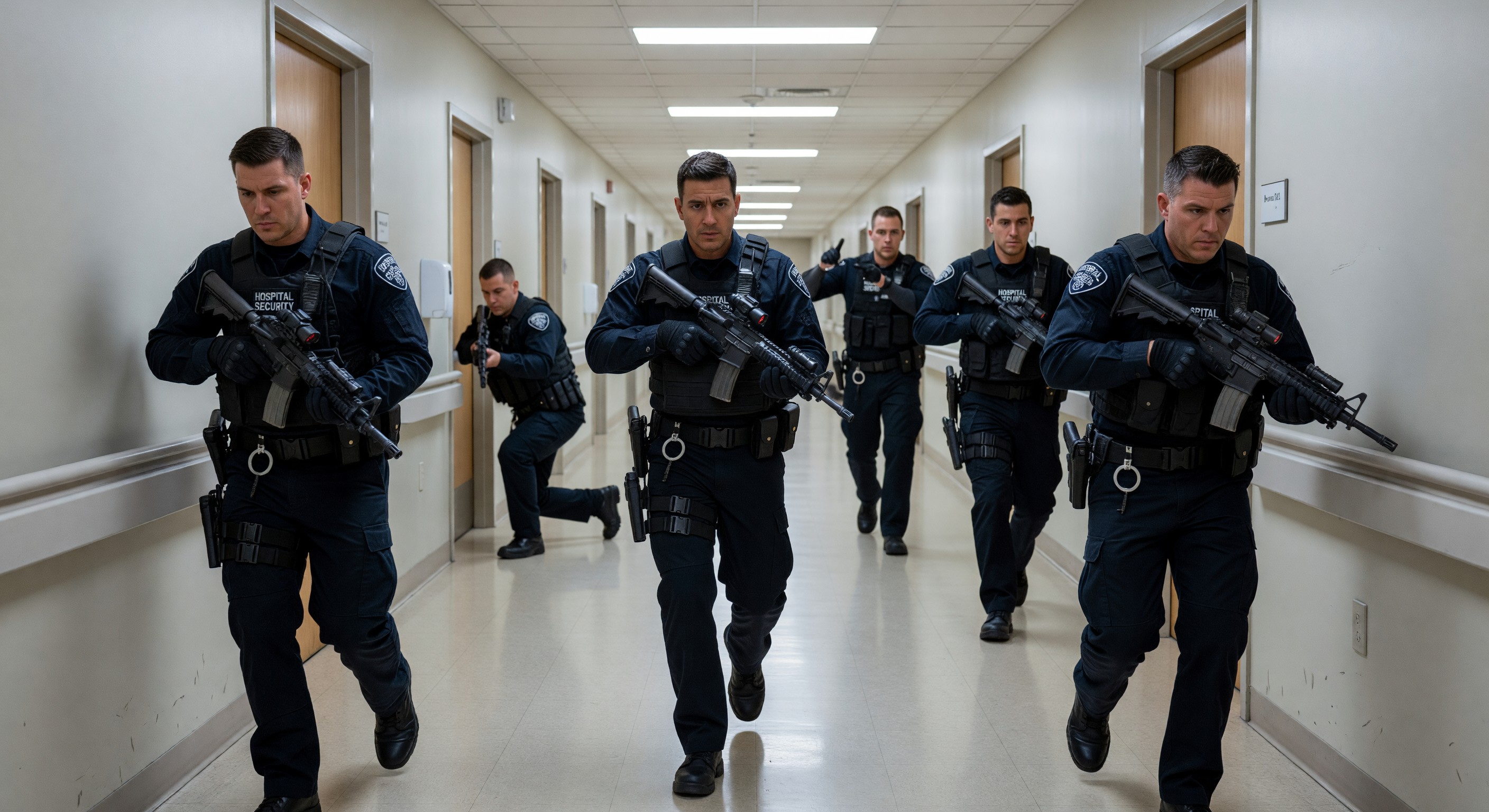Hospital security team conducting active shooter response drill in clinical corridor
