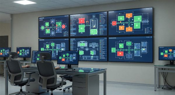 AI compliance monitoring dashboard showing real-time life safety system status across hospital campus