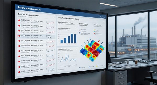 Facility management AI dashboard showing predictive maintenance alerts and energy optimization recommendations