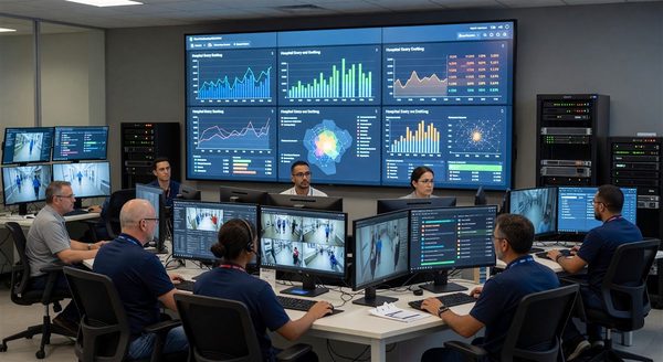 Security operations center with AI-powered analytics dashboard monitoring hospital access events