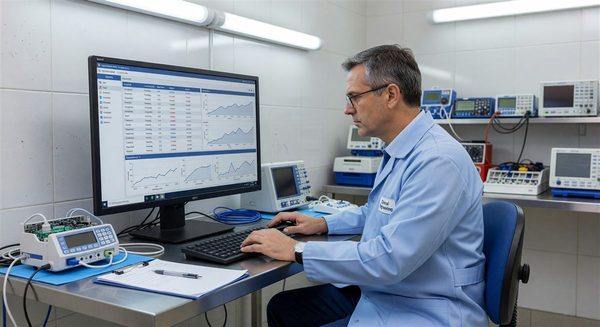 Clinical engineer reviewing equipment maintenance data on CMMS dashboard in hospital biomedical department