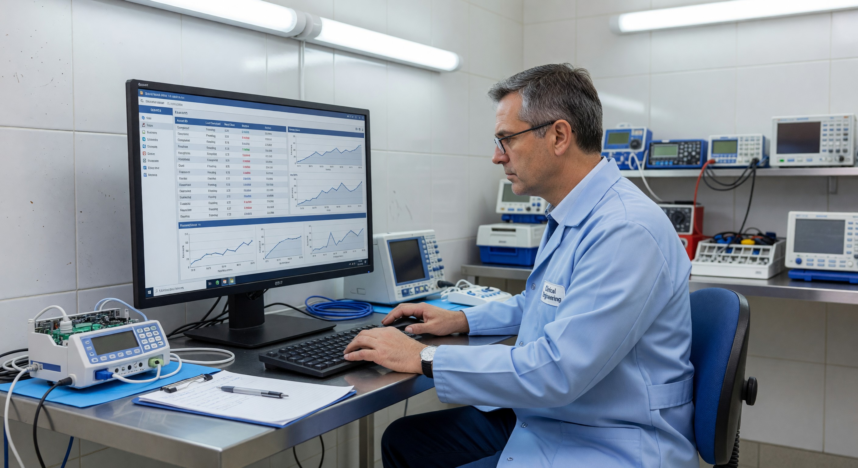 Clinical engineer reviewing equipment maintenance data on CMMS dashboard in hospital biomedical department