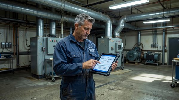 Hospital facilities maintenance supervisor reviewing labor cost data on a tablet in a mechanical room