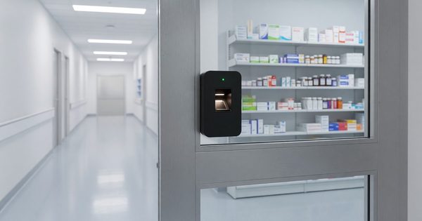 Hospital pharmacy door with palm vein biometric reader requiring no touch for authentication