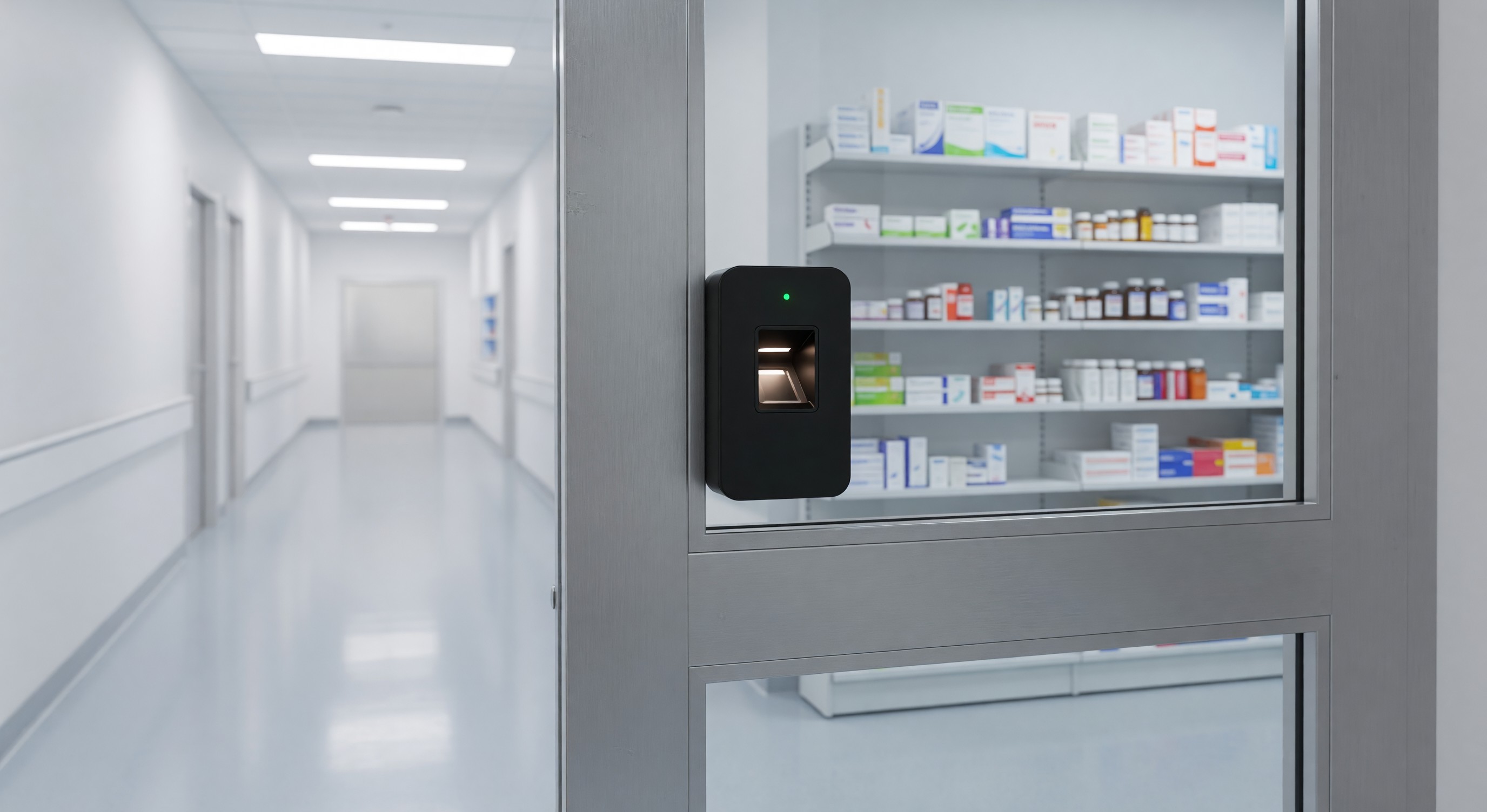 Hospital pharmacy door with palm vein biometric reader requiring no touch for authentication