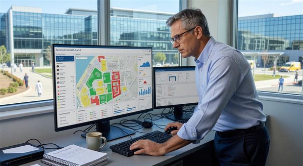 IT security professional managing cloud-based access control dashboard for a hospital campus