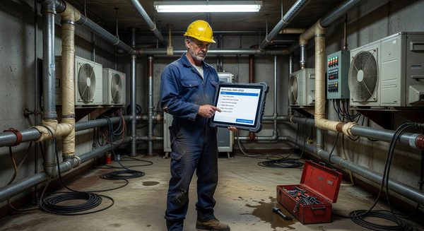 Maintenance technician using CMMS tablet application to complete work order in hospital mechanical room
