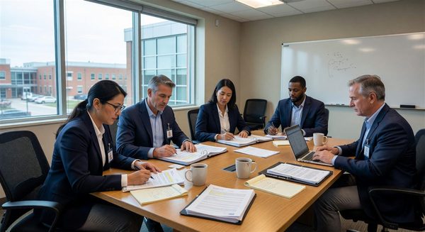 Hospital compliance team reviewing new CMS regulatory documentation in conference room