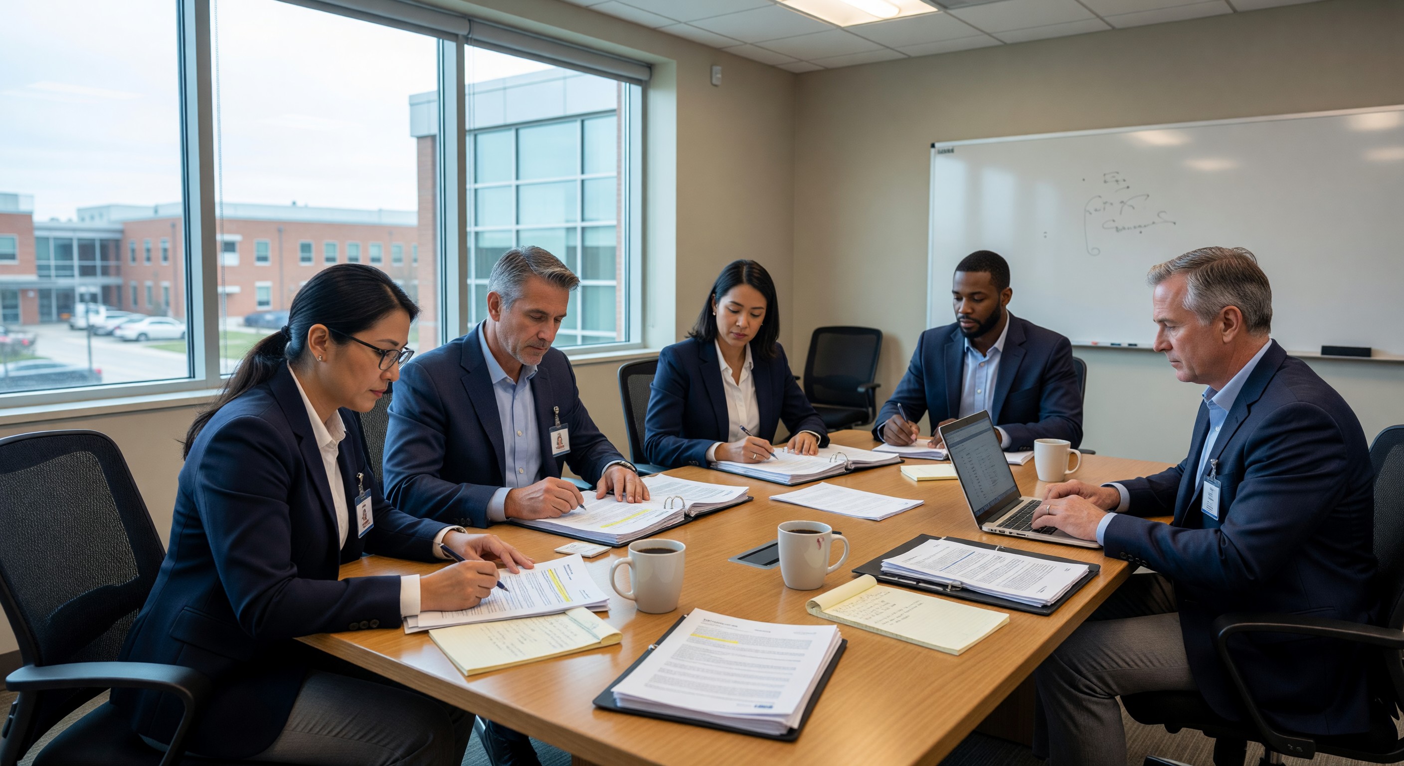 Hospital compliance team reviewing new CMS regulatory documentation in conference room