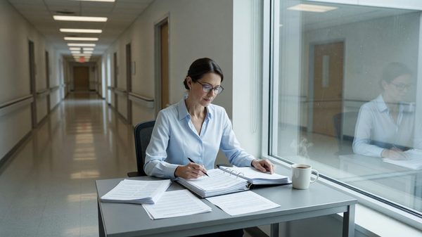 Facility compliance director reviewing CMS regulatory documentation at a desk with a hospital hallway visible through a window