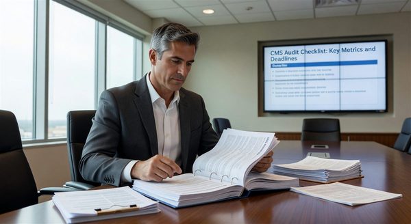Hospital administrator reviewing CMS compliance documentation in a conference room