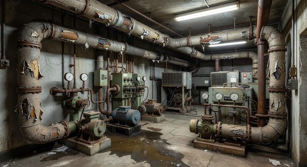 Aging hospital mechanical equipment room showing worn piping insulation and maintenance-needed systems