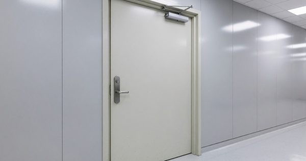 Hospital corridor door with antimicrobial lever hardware and automatic closer mechanism