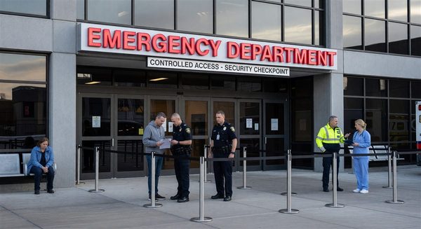Emergency department entrance with security checkpoint and controlled access