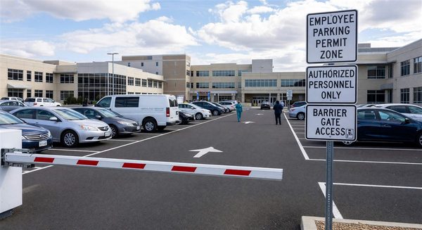 Hospital employee parking lot with permit zone signage and barrier gate access