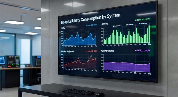 Energy management dashboard showing hospital utility consumption by system with trend graphs