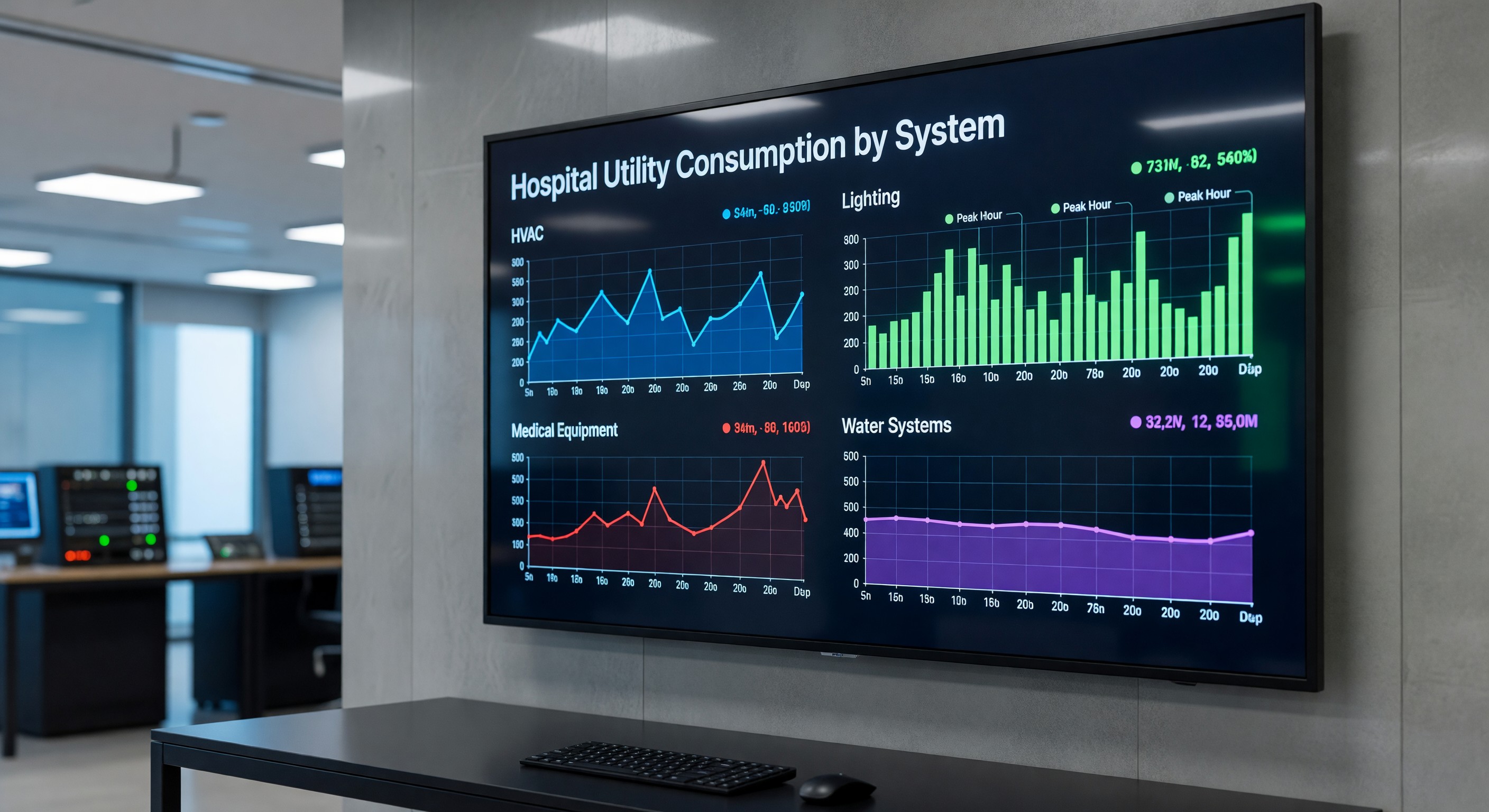Energy management dashboard showing hospital utility consumption by system with trend graphs