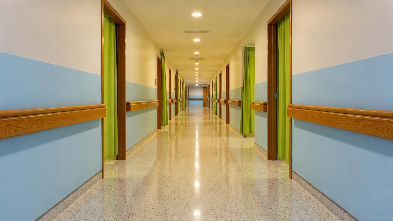 Hospital corridor with handrails and doorways leading to patient rooms under even lighting
