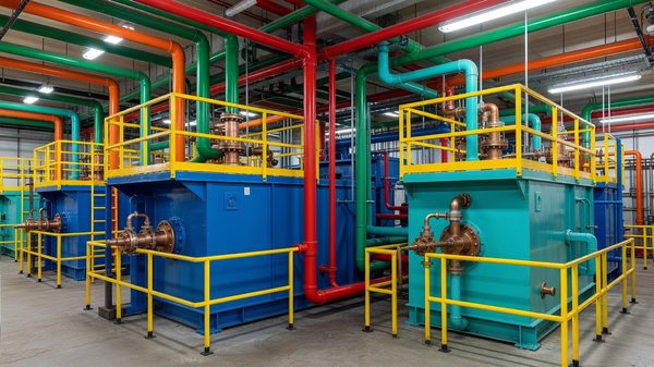 Hospital central utility plant with large chillers, pumps and insulated piping