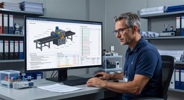 Facility manager using AI-assisted interface to review equipment specifications and compliance documentation