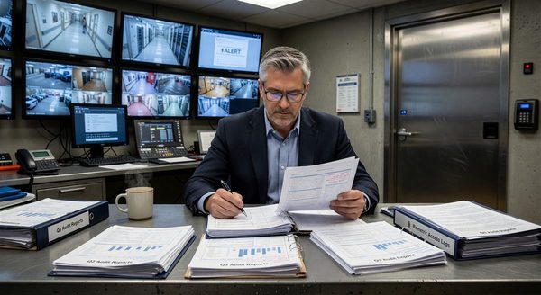 Healthcare security director reviewing access control audit documentation at secured facility