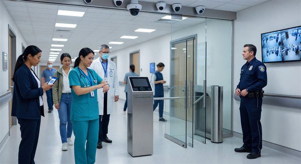 Modern hospital security checkpoint with touchless access control and surveillance technology