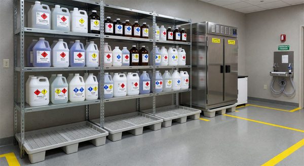 Healthcare facility hazardous materials storage room with proper labeling and secondary containment