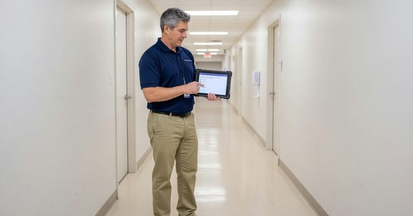 Facility compliance manager using tablet-based inspection app in hospital corridor