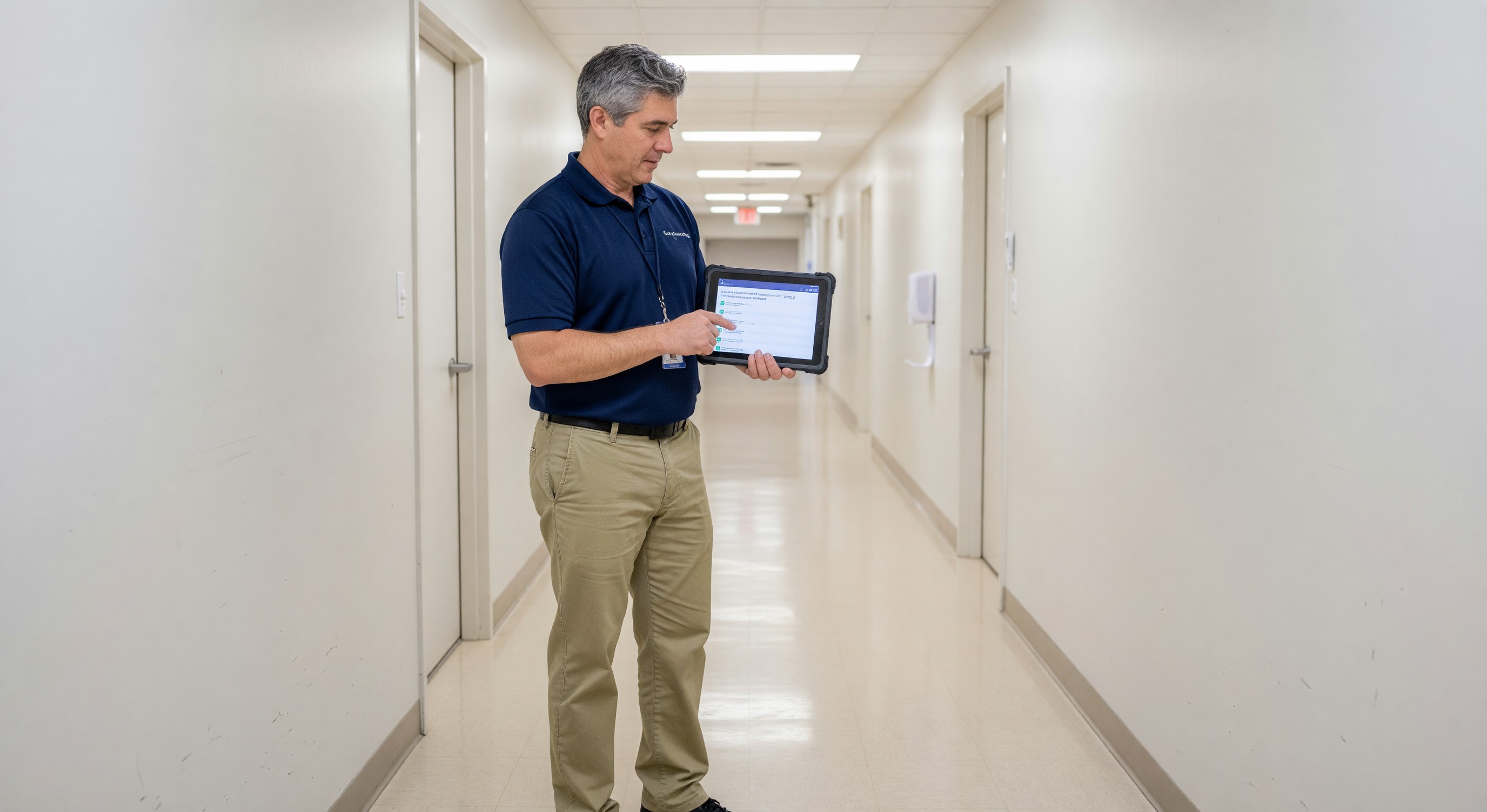 Facility compliance manager using tablet-based inspection app in hospital corridor