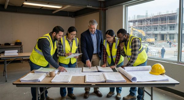 Facility manager reviewing compliance documentation with contractor team before hospital project