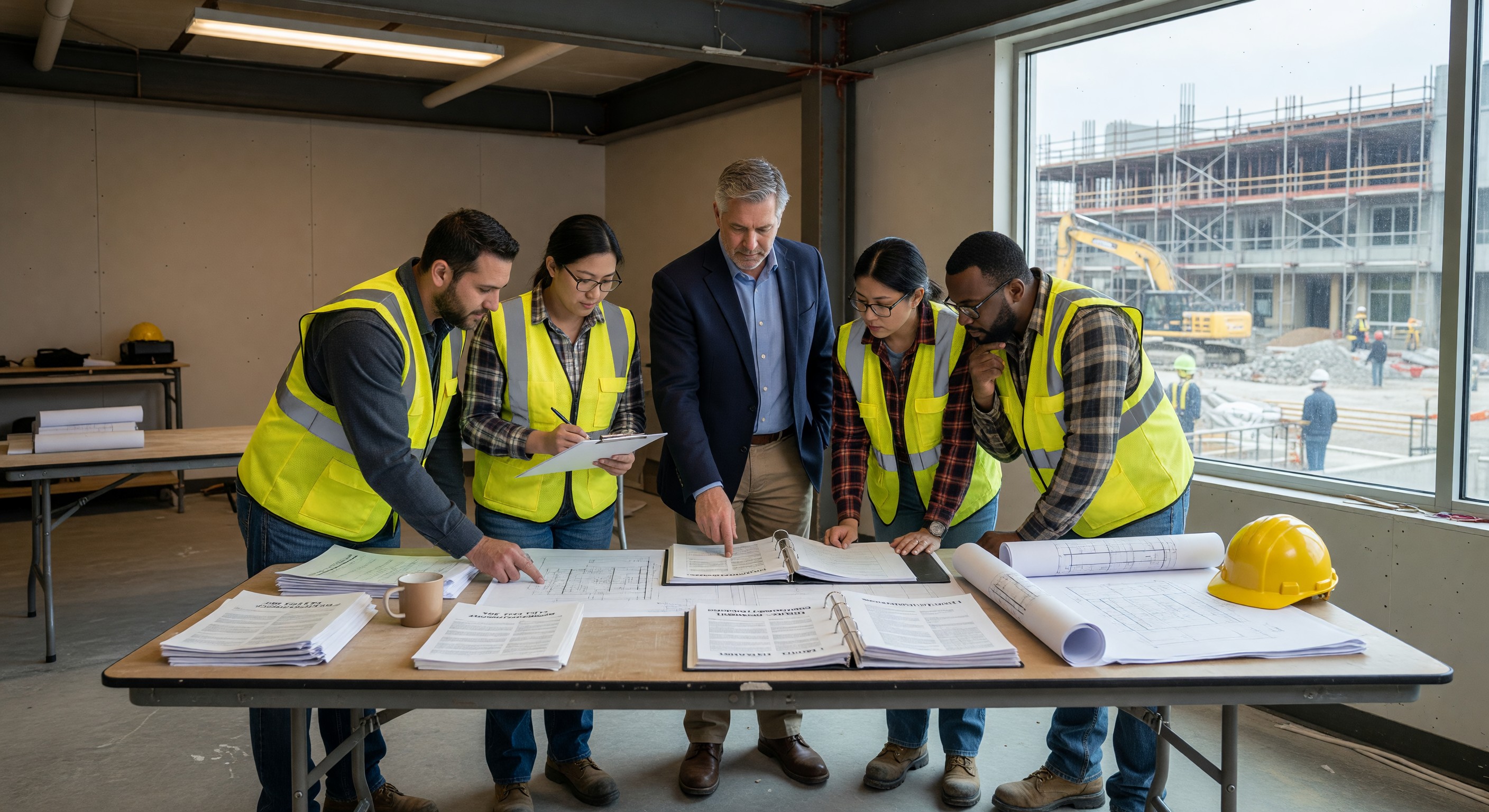 Facility manager reviewing compliance documentation with contractor team before hospital project