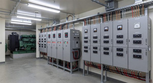 Hospital emergency generator room with automatic transfer switches and critical power distribution equipment