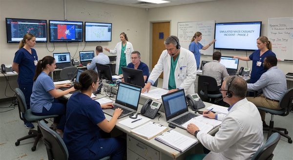Hospital emergency operations center during training exercise with staff at incident command positions