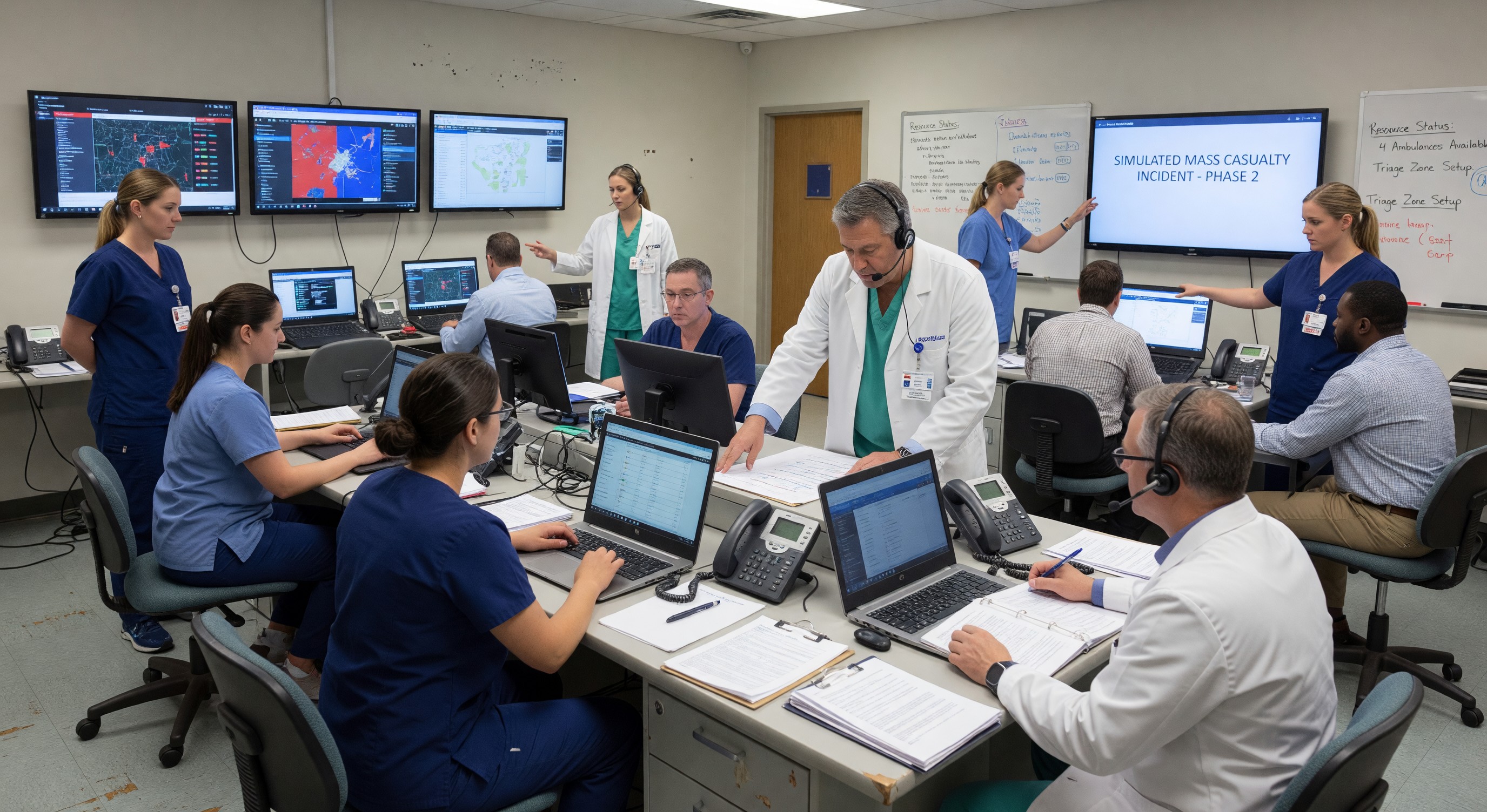 Hospital emergency operations center during training exercise with staff at incident command positions
