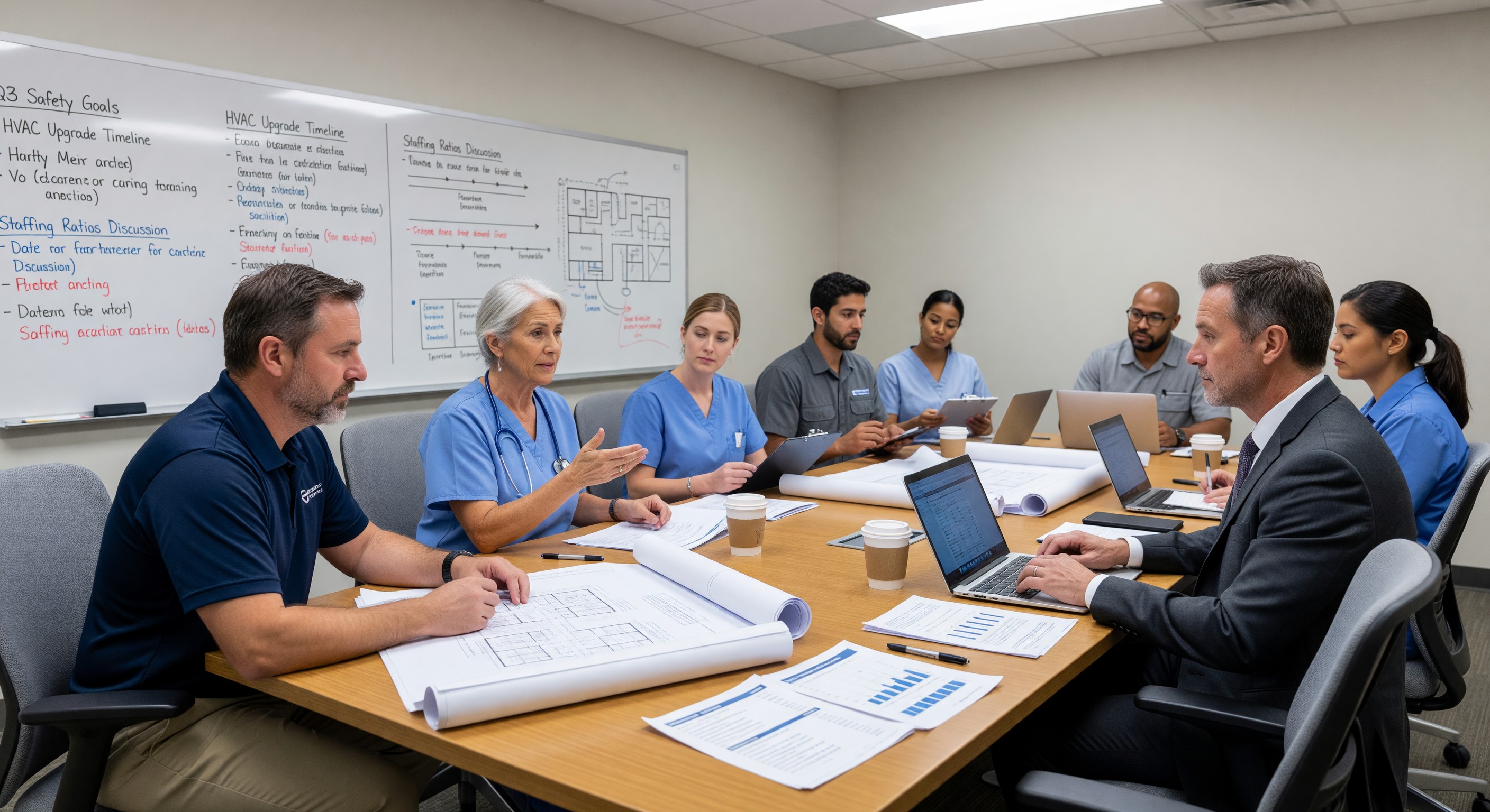 Hospital environment of care committee meeting with facilities, nursing, and administration representatives
