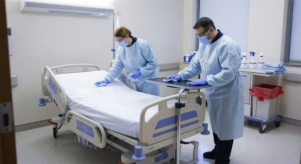 Environmental services staff cleaning patient room using proper healthcare disinfection protocols