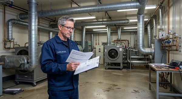 Healthcare facility manager reviewing risk assessment documentation in hospital mechanical space
