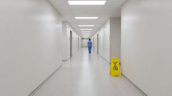 Healthcare facility corridor with resilient flooring and visible wet-floor caution signage near a patient care area