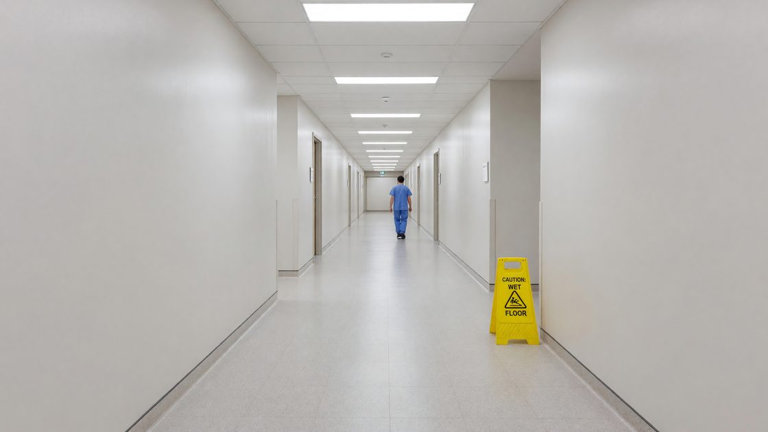 Healthcare facility corridor with resilient flooring and visible wet-floor caution signage near a patient care area