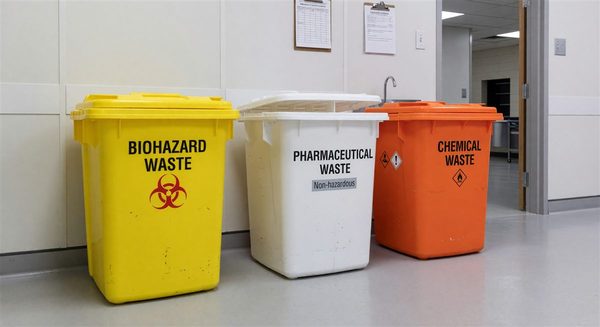 Hospital waste management area showing labeled biohazard, pharmaceutical, and chemical waste containers