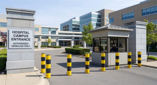 Hospital campus entrance with vehicle control bollards and security checkpoint