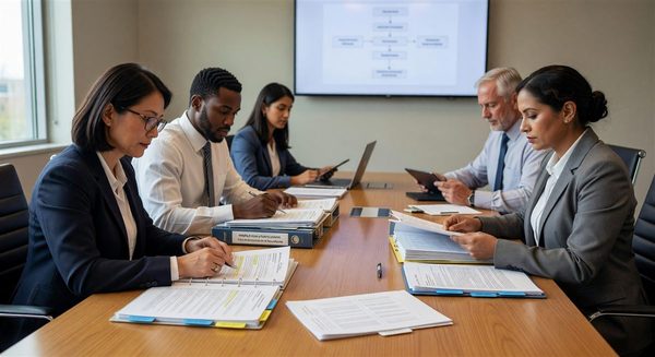 Healthcare compliance team reviewing regulatory update documentation in conference room