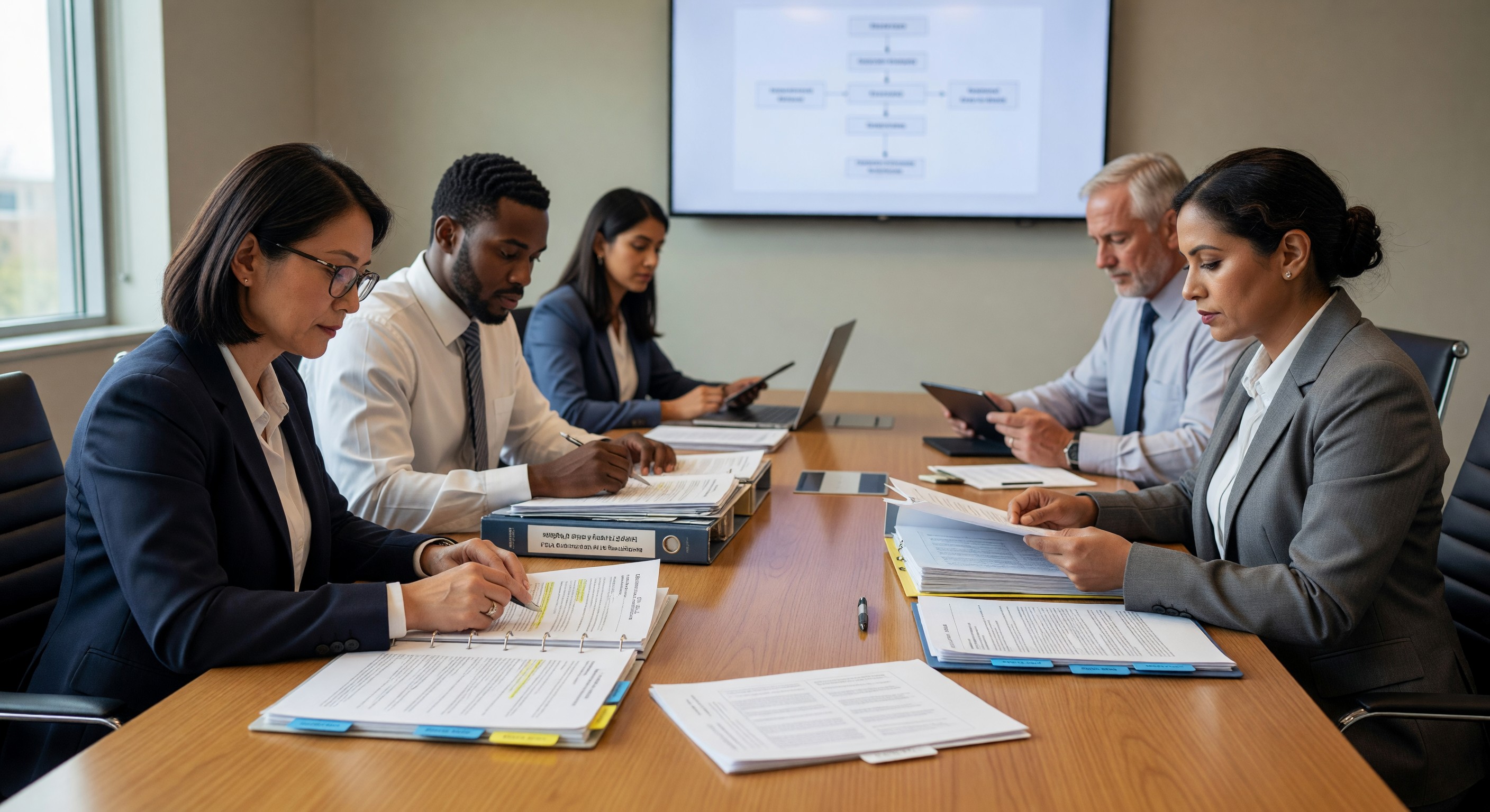 Healthcare compliance team reviewing regulatory update documentation in conference room