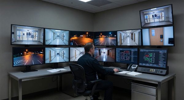 Hospital security operations center with multiple monitor displays showing campus camera feeds and access control system