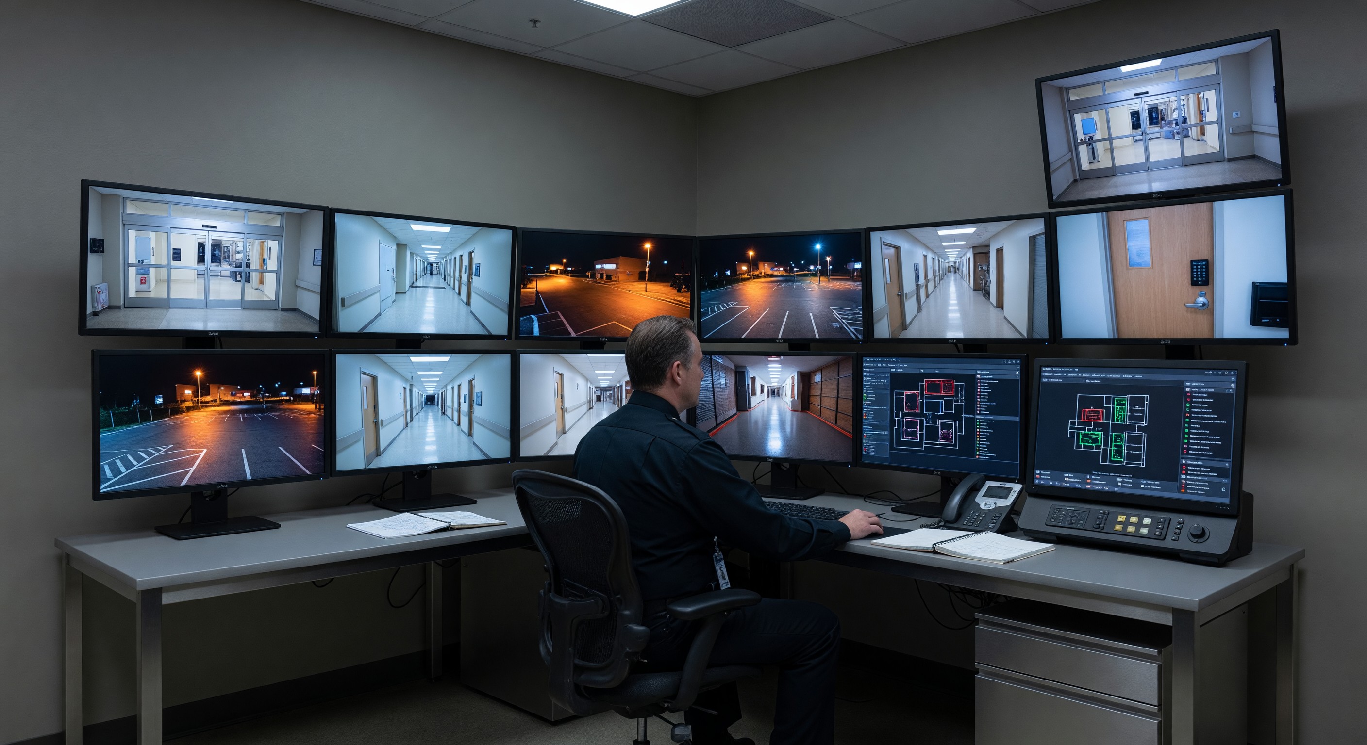 Hospital security operations center with multiple monitor displays showing campus camera feeds and access control system