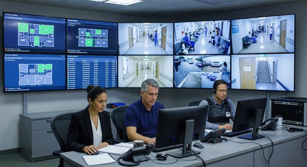 Healthcare security operations center with integrated displays showing access control and video surveillance
