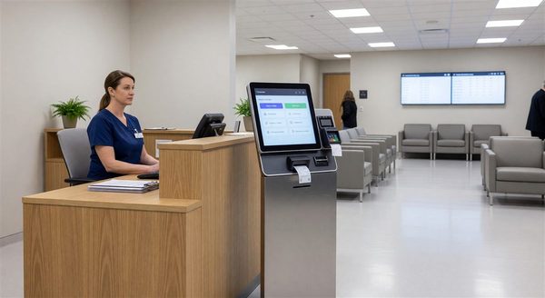 Hospital reception area with digital visitor kiosk and credentialing system