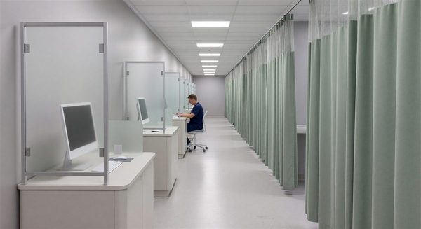 Healthcare facility hallway showing workstation placement and physical privacy controls