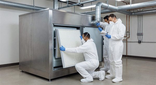 Hospital HVAC air handling unit with HEPA filter installation for patient care area protection